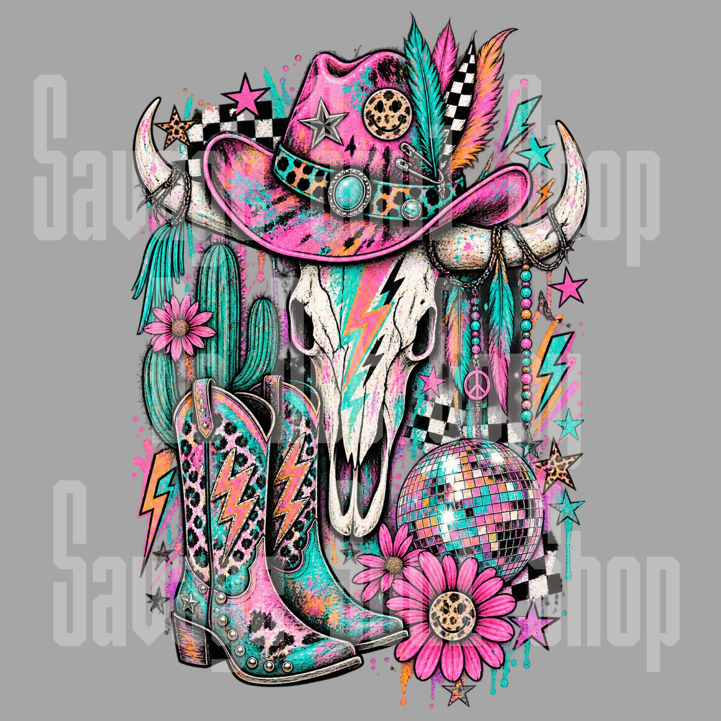 Neon Retro Skull DTF Transfer