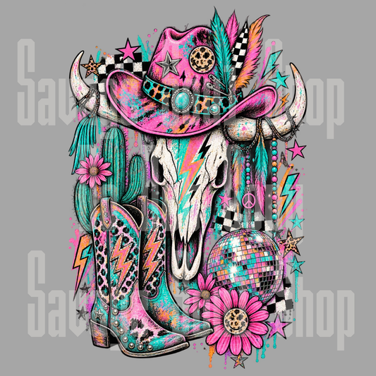 Neon Retro Skull DTF Transfer